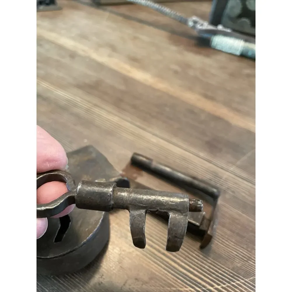 Rare antique handmade 1800s pad lock solid steel With key.